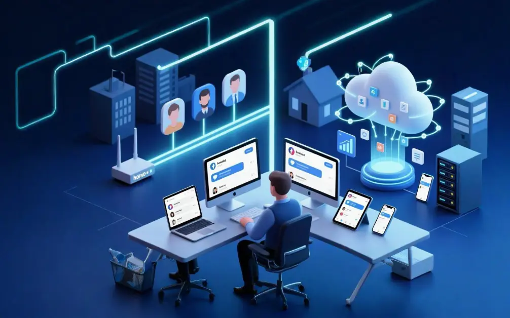 Operator managing multiple social media accounts across home, office and cloud, routed safely through proxy IPs.