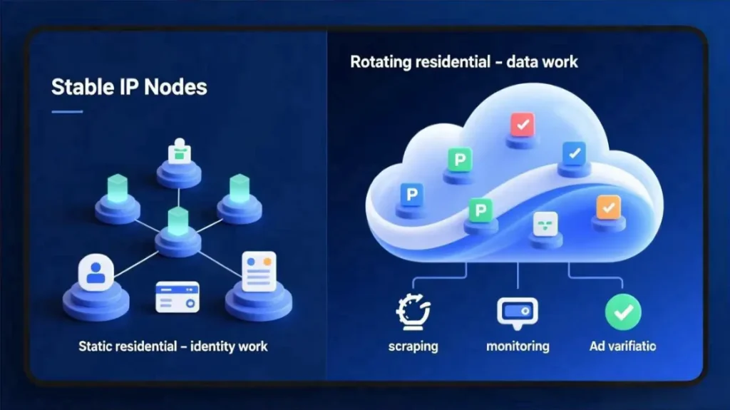 static residential IP nodes for identity work versus rotating residential proxies for scraping, monitoring and ad verification