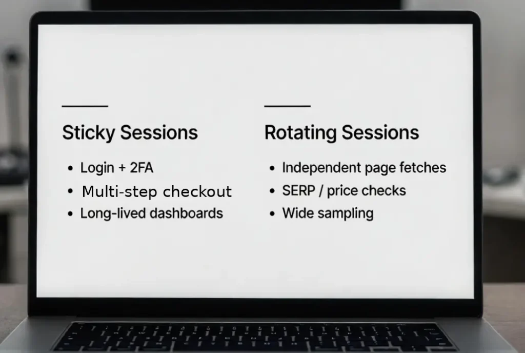 Decision card comparing when to use sticky sessions versus rotating sessions.