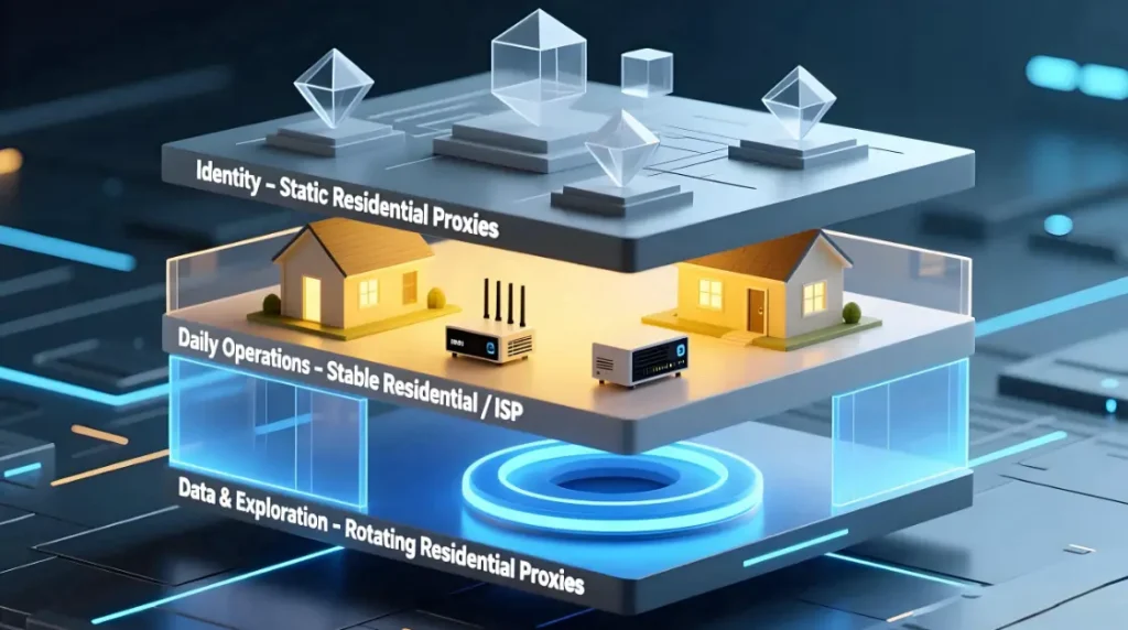 Three-layer social media proxy routing architecture separating identity, operations, and data tasks.