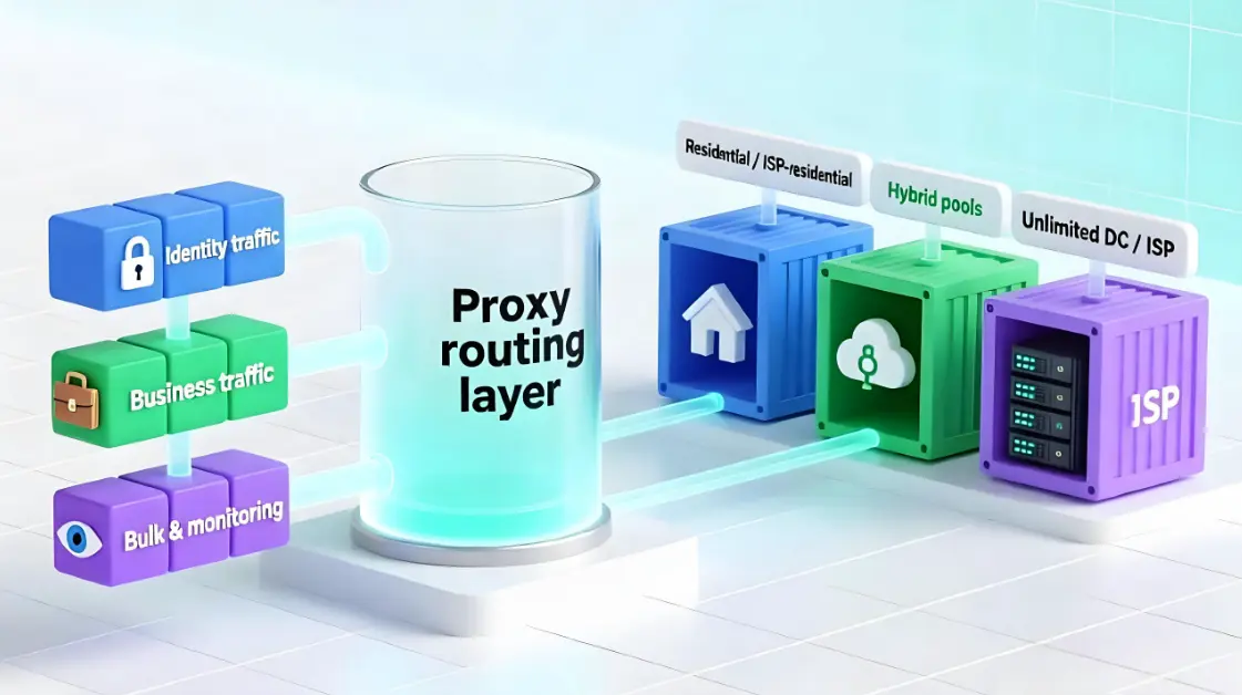 Identity, business and bulk traffic routed to residential, hybrid and DC/ISP pools