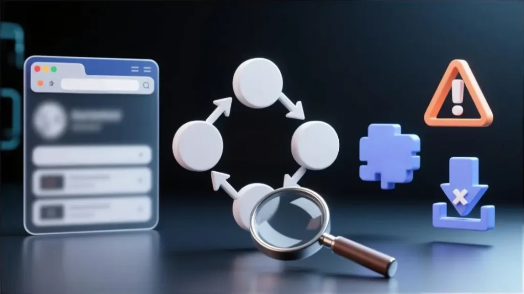 Browser page with redirect hops and risk indicators for scripts and downloads