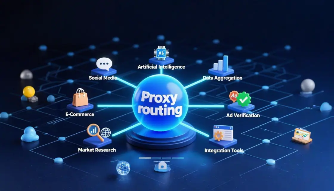 proxy routing hub connecting social media, e-commerce, data aggregation, ad verification and AI workflows