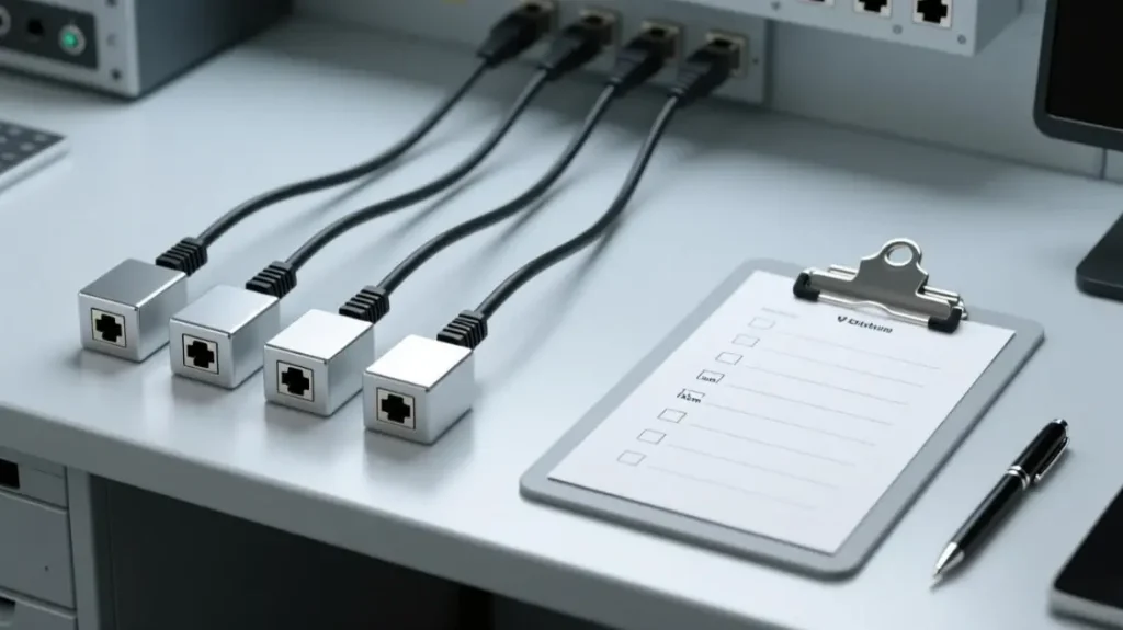 four isolated routes represented by separate ports and cables next to a blank checklist for validation