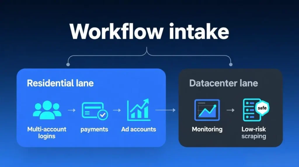 workflows divided into must-use residential routes versus tasks that can run on datacenter proxies