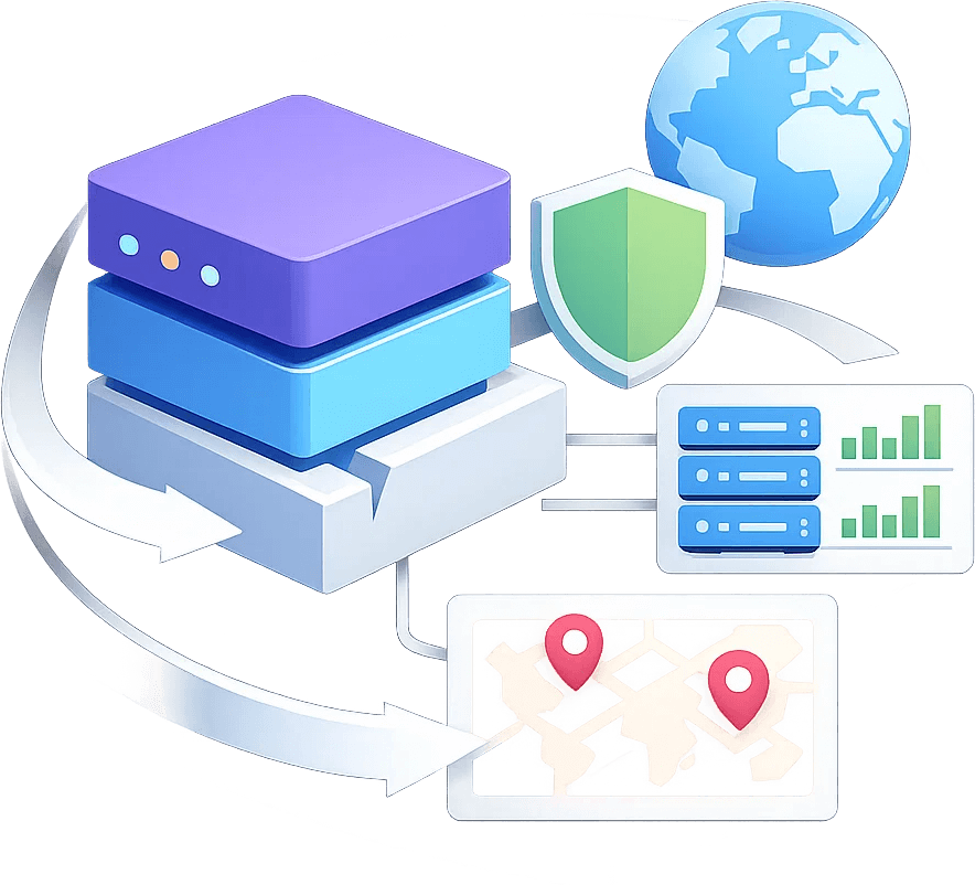 Yahoo proxy network illustration showing residential IPs, rotation, and global coverage