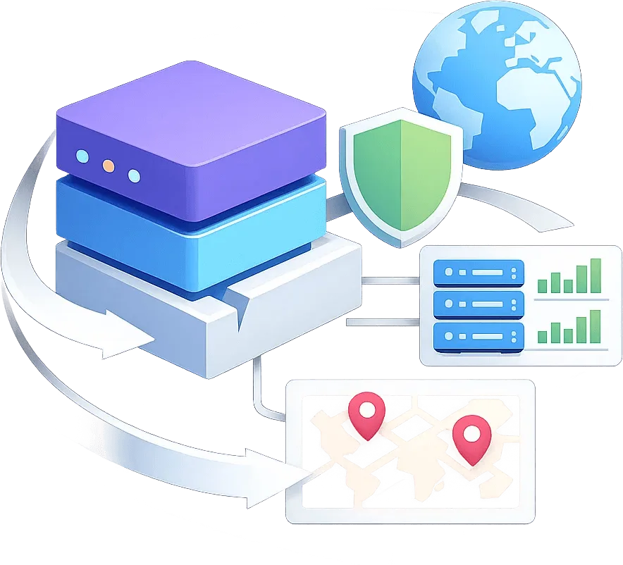 Abbildung des Yahoo-Proxy-Netzwerks, das Residential-IPs, Rotation und globale Abdeckung zeigt